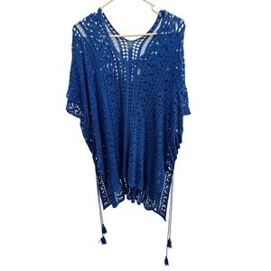 Royal Blue Crochet Knit Poncho V-Neck Tassel Side Tie Beach Coverup Oversized